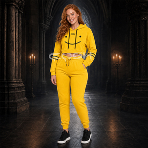 Ensemble de survêtement deux pièces pour femme avec sweat à capuche court jaune à visage souriant orné de strass et pantalon de jogging à cordon de serrage - Product Image 4