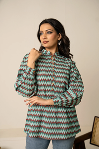 Tunique en coton imprimée zigzag rétro pour femmes |   Haut à manches longues à col boutonné, style ethnique décontracté, pour les acheteurs en gros et exportateurs en Inde - Product Image 2