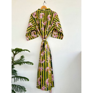 Printed <b>Animal</b> <b>Pattern</b> Breathable 100% Cotton Kimono Robe with Belt Long Sleeve Maxi Length Loose Fit Striped Design Cover-Up - Product Image 6