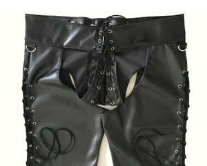 Men's Black PU Coated Bermuda Shorts High Waist Button Fly Geometric Pattern Moto Biker Style With Pockets - Product Image 6