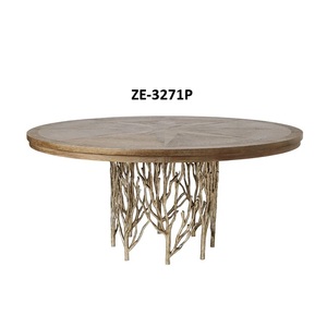 Mesa de Centro Redonda de Madera con Base de Metal Dorado en Forma de Rama, Mesa de Centro Escultural Rústica para Sala de Estar Moderna - Product Image 1