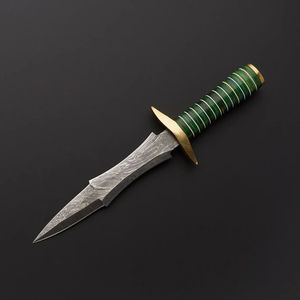Cuchillo de caza hecho a mano de acero de Damasco con punta de gota, mango con rayas verdes y guardacuchillo dorado, personalizable DIY OEM - Product Image 6
