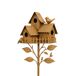 Poteau décoratif de jardin en métal style vintage avec nichoir à oiseaux et oiseau décoratif, pour décoration extérieure de jardin - Product Image 5