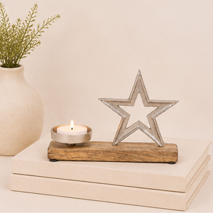 Handmade Christmas Candle Holder Elegant Aluminum Star Design With Sustainable Mango Wood Base <b>Festive</b> Table <b>Top</b> Centerpieces - Product Image 6