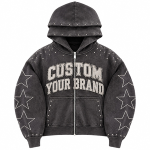 Sweat à capuche zippé vintage délavé avec logo personnalisé imprimé, manches à étoiles cloutées, 100% coton 400GSM, coupe épaules tombantes, pour streetwear - Product Image 1