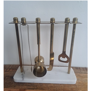 Nouvel arrivage : Ensemble d'outils de bar en laiton, 4 pièces, style antique, avec support en marbre blanc – Article très demandé et très vendu - Product Image 1