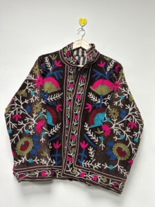 Hand Embroidered Suzani <b>Velvet</b> Bomber Jacket Traditional Floral Bohemian Festival <b>Coat</b> O-Neck Collar Reversible Eco-Friendly - Product Image 3