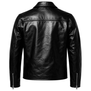 Veste de motard en cuir véritable noir pour homme, col rabattu, fermeture éclair, coupe ajustée, taille standard - Product Image 2
