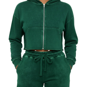 เสื้อฮู้ดครอปแขนยาวซิปหน้าผ้าฟอกสีคุณภาพสูงสำหรับฤดูหนาว กางเกงขายาวรูดเชือก สไตล์สตรีทลำลองสำหรับผู้หญิง โลโก้สั่งทำได้ ผลิตจากผ้าฝ้าย 100% - Product Image 5