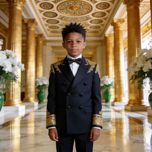 Costume de smoking noir pour enfants, double boutonnage, brodé, avec détails dorés |   Vêtements de cérémonie pour garçons - Product Image 1