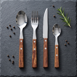 Ensemble de couverts en acier inoxydable avec manches en bois, finition polie miroir, cuillères, fourchettes et couteaux modernes pour la salle à manger - Product Image 2