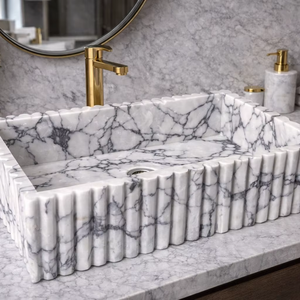 Lavabo de Mármol Calacatta Blanco de Lujo, Diseño Acanalado, Lavabo de Piedra para Baño, Lavabo de Encimera de Mármol Hecho a Mano - Product Image 1