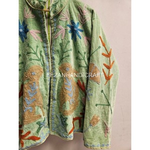 Chaqueta de Terciopelo con Bordado Floral a Mano, Cuello Mao Verde, Cierre Abierto, Exterior de Algodón, Abrigo Casual de Primavera para Mujer - Product Image 6