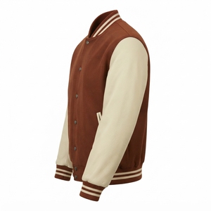 <b>Men's</b> Varsity <b>Jacket</b> Brown <b>Cream</b> Sleeve Stand Collar Button Closure Casual Autumn Wear Lightweight Baseball Bomber Outerwear Top - Product Image 3