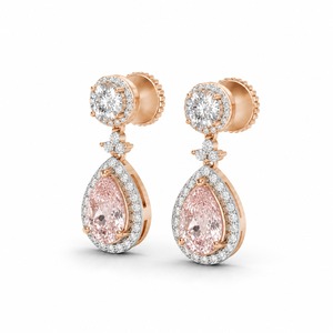 Pendientes de Oro Rosa con Diamantes y Morganita en Forma de Lágrima, Halo de Diamantes, Certificación IGI, Lujosos, Modernos, Geométricos, para Mujer, de Boda - Product Image 1