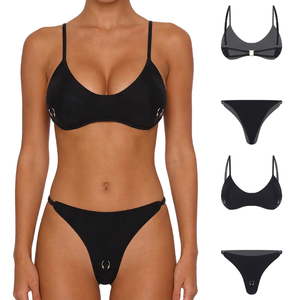 Conjunto de Bikini Negro, Top Triangular y Tanga, Traje de Baño para Mujer, Elástico, Color Sólido, Tejido Liso, Ropa de Playa de 2 Piezas - Product Image 1