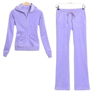 Shining Women's Velvet Fabric Body Fit Blank Hood Track Suit Long <b>Pants</b> & Zipper Top Survetement Velour Ribbed Cuff Sweat Suit - Product Image 1