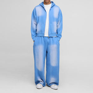 Men's Light Blue Washed Fleece Tracksuit Two Piece Set Full Zip <b>Hoodie</b> And Wide Leg Sweatpants Casual Streetwear Activewear - Product Image 4