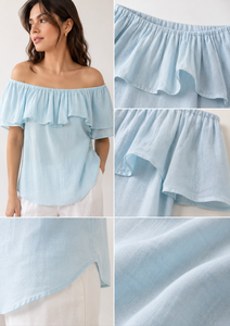 Robe élégante bleu clair à épaules dénudées, pantalon large à taille haute blanc, ensemble deux pièces, style bohème vintage en lin/coton pour femmes - Product Image 2