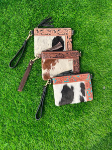 New Western Style Tooled Hair on Hide Fur Leather Sling <b>Bag</b> Women Handcrafted <b>Colour</b> Tooled Leather Wristlet Hand Clutch Purses - Product Image 3