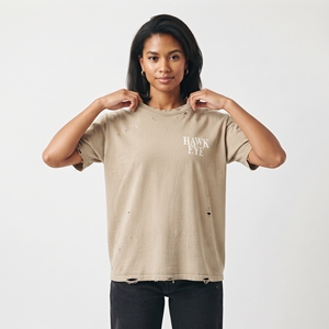 Camiseta de manga corta rasgada para mujer, de algodón, corte regular, informal, color beige, cuello redondo, ropa de calle, top de verano - Product Image 4