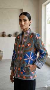 Suzani Embroidered Knitted Velvet Bomber <b>Jacket</b> Handcrafted Floral Boho Statement Wear Full Sleeve Autumn Outerwear Breathable - Product Image 2