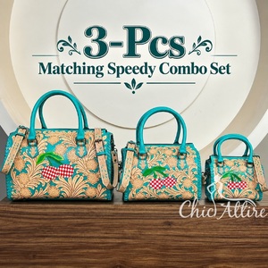 Ensemble de 3 sacs de voyage assortis en cuir véritable travaillé, motif à carreaux cerise, turquoise, pour femme, sac de voyage Speedy - Product Image 1