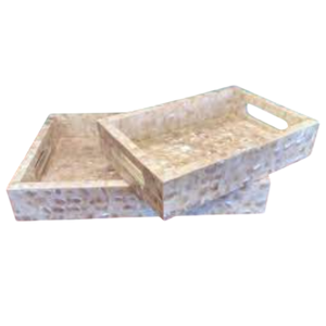 Handcrafted Oval Mother Of Pearl Inlay Rattan Serving Tray With Brown Leather <b>Handles</b> Luxurious Coastal Style Home Decor Tray - Product Image 5