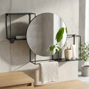 Modern Industrial <b>Bathroom</b> <b>Mirror</b> Black Metal Frame Round Vanity <b>Mirror</b> Wall Mounted Storage Shelf Towel Holder Organizer - Product Image 4