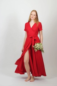 Nouvelle Arrivée Robe Longue en Coton Col V Manches Courtes Écologique Respirante Silhouette Évasée Robe Portefeuille pour Invitée de Mariage et Soirée - Product Image 2