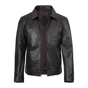 Men's Genuine <b>Leather</b> <b>Jacket</b> Moto Biker Style Turn-Down Collar Zipper Closure Solid Color Regular Fit Autumn Wear - Product Image 5