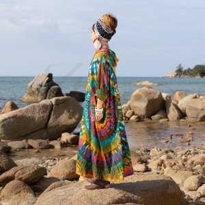 Robe Kimono de Soirée Pailletée à Manches Longues avec Broderie Main, Volants et Dentelle, en Viscose/Coton, Style Bandeau, Col en V Profond, 1 Pièce - Product Image 2