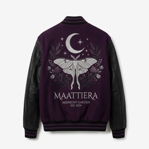 Blouson Bomber Homme en Cuir Violet et Noir avec Broderie Personnalisée Papillon et Lune, Style Gothique Streetwear à Boutons Pression - Product Image 2