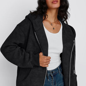 Sudadera con capucha vintage desgastada para mujer, de forro polar grueso 100% algodón, estilo urbano de invierno, oversize, ecológica, con cremallera frontal completa - Product Image 5