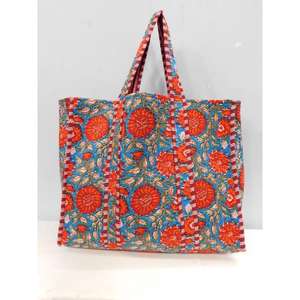Sac fourre-tout en coton fait main imprimé au bloc avec fermeture éclair, réutilisable pour la plage et le shopping, sac à bandoulière style bohème indien - Product Image 3