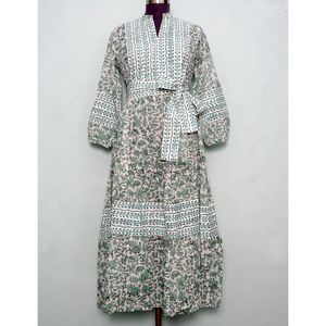 Nouvelle Robe Décontractée Femme Grande Taille à Manches Bouffantes Imprimée au Bloc, Col en V, Coupe Trapèze, Boutonnée, Longueur Cheville, Taille Naturelle - Product Image 3