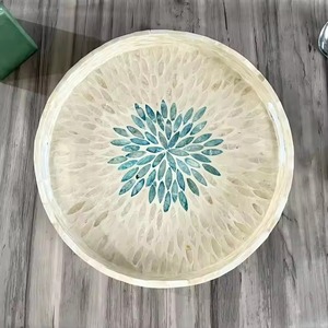 Plateau de service rond en nacre fait main, plateau décoratif de luxe pour la salle à manger, plateau de service pour table basse, poignées modernes intégrées - Product Image 2