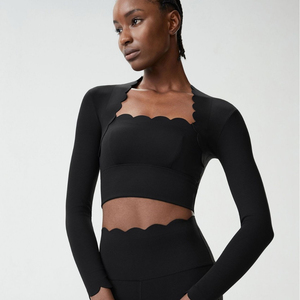 White Strapless Square Neck Long Sleeve Full Length Scallop <b>Hem</b> Low Waist Seamless Yoga 2-Piece Set Quick Dry Large Size - Product Image 6