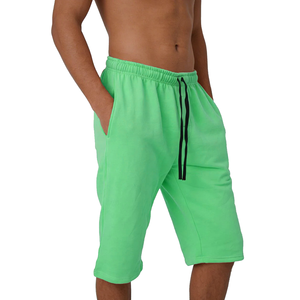 Shorts en molleton de coton et polyester vert vif pour homme, avec cordon de serrage, décontractés, respirants, séchage rapide, longueur mi-longue, couleur unie, tricotés - Product Image 4