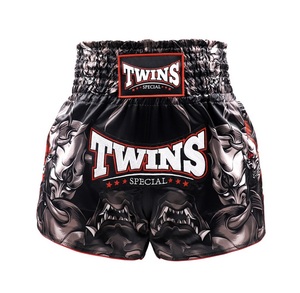 Pantalones Cortos de Muay Thai Twins TTBL Kabuki Negros/Gris Satinados 100% Poliéster con Sublimación Personalizada, Duraderos y Ligeros para Artes Marciales - Product Image 1