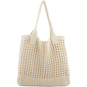 Bolso Tote de Ganchillo Hecho a Mano, Dos Tonos Beige y Cuerda de Algodón, con Asa para el Hombro, para Mujer, Gran Capacidad, Suave, para la Playa, con Borlas - Product Image 6