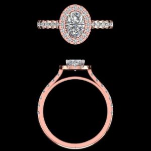Anillo de compromiso de oro rosa con halo de diamantes ovalados y detalles de corte brillante engastados en pavé, y elegante tija de catedral, joyería nupcial - Product Image 1