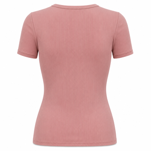 T-shirt décontracté pour femme en mélange de coton côtelé, coupe ajustée, col rond, manches courtes, couleur rose poudré - Product Image 1