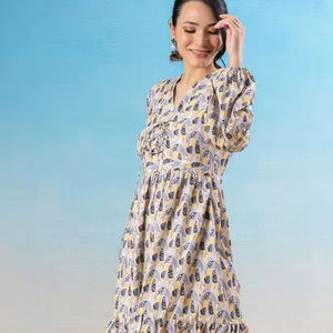 Vestido Midi Ajustado y Evase, Diseño en Oferta, Ropa Formal para Mujer, Georgette, Cintura Natural, Ecológico, Estampado Completo, Hermoso - Product Image 1