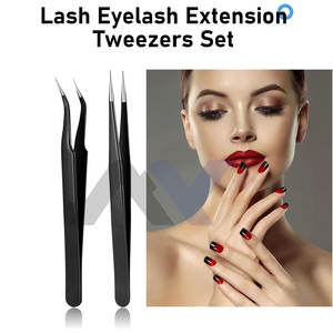 Lot de 2 pinces à cils en acier inoxydable noir, droites et courbées, pour extensions de cils volume, qualité allemande, pour sourcils et beauté des poils - Product Image 3