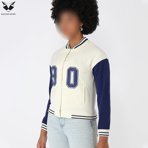 2026 Wholesale Rate Cream Navy Full Sleeve Turn Down Collar Button Closure Autumn Letter 90 Design Women Varsity <b>Jackets</b> - Product Image 3