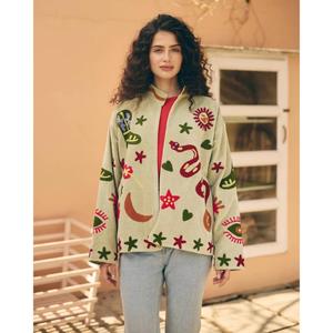 Chaqueta de Mujer para Otoño, Color Verde Claro, Cuello Mandarín, Acolchada, 100% Algodón Ecológico, Bordado Floral, Manga Larga, para Vacaciones - Product Image 1