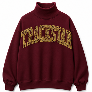 Sweat-shirt à col montant bordeaux Trackstar avec motif de lettres en chaîne dorée, pull à manches longues pour vêtements personnalisés en gros - Product Image 1