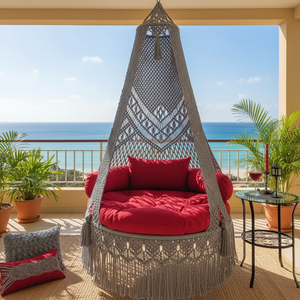 72x40 inch Boho Macramé <b>Hammock</b> Swing <b>Chair</b> Cotton Hanging Swing Seat Indoor Outdoor Lounge <b>Chair</b> With Cushion Grey Red - Product Image 4