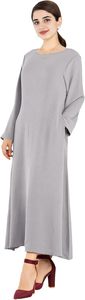 Women Light Gray Solid Color <b>Abaya</b> Long Sleeve Round Neck Floor Length Modest Dress Lightweight Daily Wear Middle East Style - Product Image 6